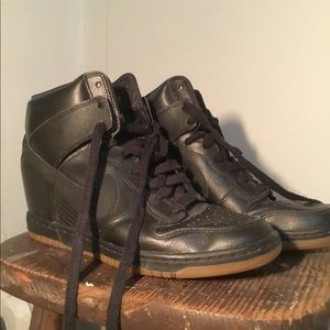 Nike black leather sky hi dunk wedge sneakers